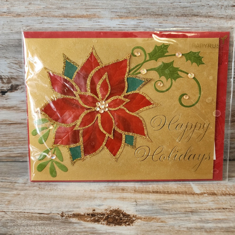 Papyrus Christmas Card Poinsettia Glitter Gems Happy Holidays Red Gold 07086612